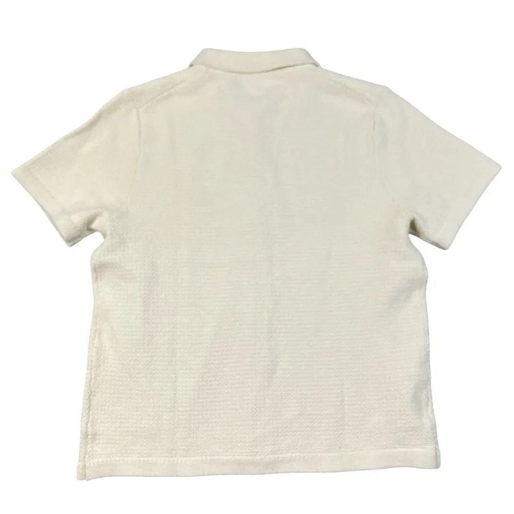 J Crew Polo Cardigan Mens L Cream Short Sleeve Cotton Waffle Knit Preppy CQ900